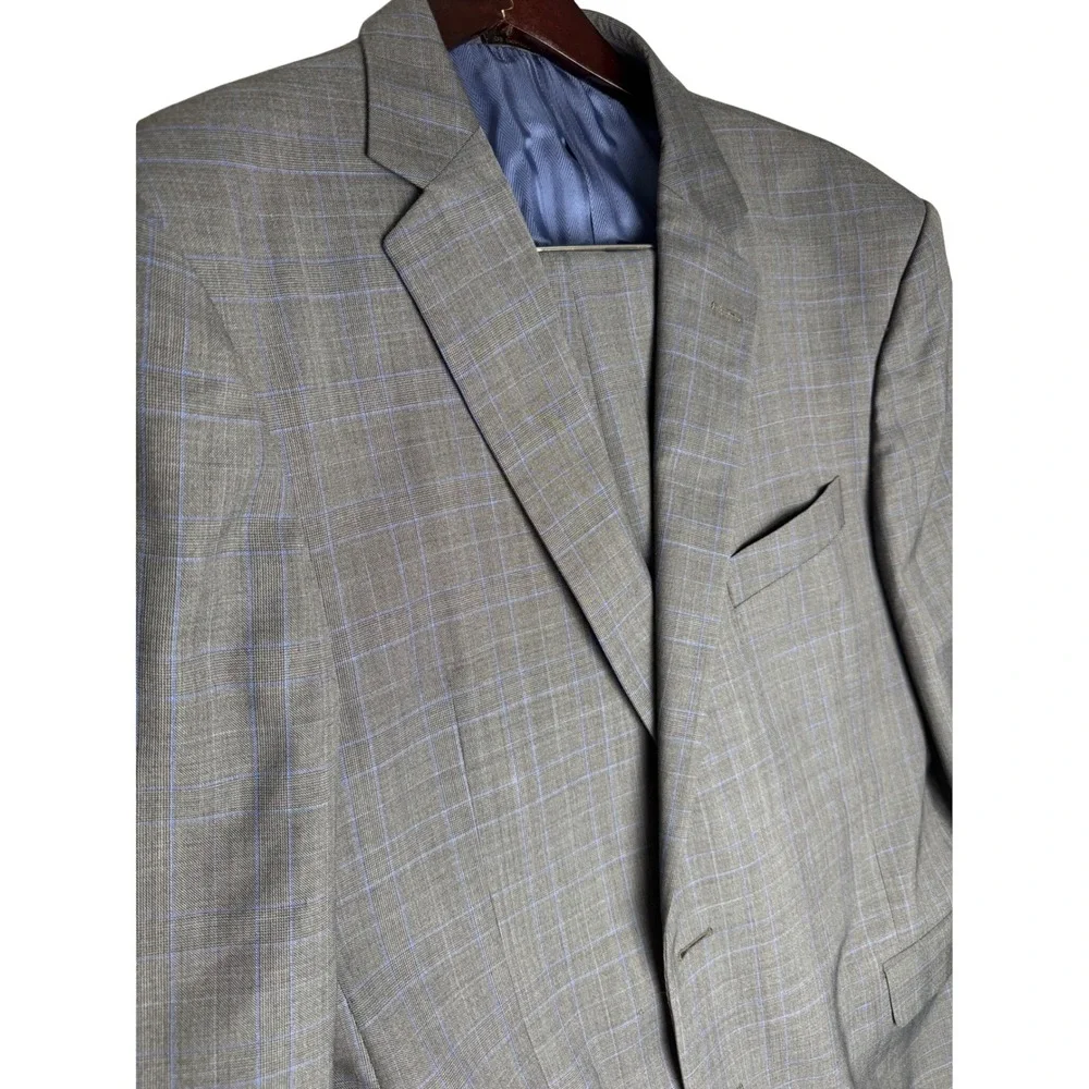 Jos A Bank Reserve Ermenegildo Zegna Wool Suit 46R 38R Grey Blue Plaid Made USA